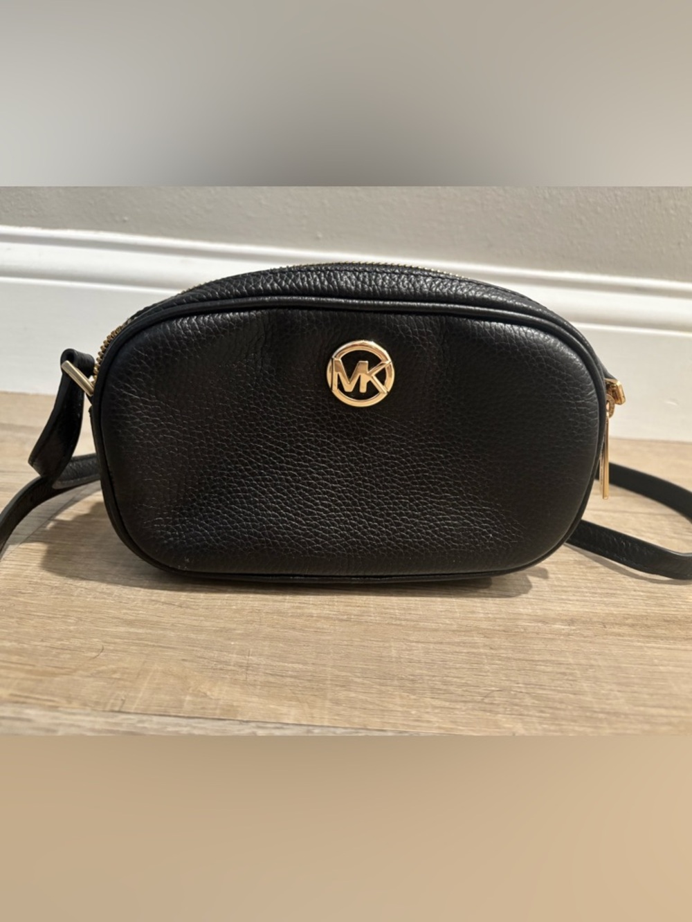 Michael Kors Black Pebbled Leather Camera bag with Gold MK Emblem